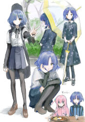 2girls :t absurdres black_pantyhose blue_dress blue_hair blue_shirt blue_skirt blush bocchi_the_rock! brown_shoes closed_mouth collared_shirt cup dress eating fork gotoh_hitori guitar_case hair_over_one_eye head_rest highres holding holding_fork holding_knife holding_umbrella instrument_case jacket knife loafers long_hair looking_at_viewer mole mole_under_eye multiple_girls multiple_views neck_ribbon open_mouth outstretched_arm pantyhose pink_hair pink_jacket rain ribbon shirt shirt_under_shirt shoes short_hair simple_background skirt sleeves_past_wrists squatting standing striped_clothes striped_shirt subaru_(user_tmwv7722) umbrella v white_background white_shirt yamada_ryo yellow_eyes