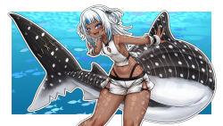 1girl arm_tattoo blue_eyes blue_hair blunt_bangs dark-skinned_female dark_skin fins fish_tail full-body_tattoo gawr_gura grey_hair hair_ornament highres hololive hololive_english leg_tattoo loincloth long_hair looking_at_viewer multicolored_hair navel open_mouth shark_girl shark_tail sharp_teeth shoulder_tattoo smile solo stomach_tattoo streaked_hair superfann tail tattoo teeth tribal tribal_tattoo two_side_up virtual_youtuber