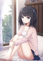 1girl bed black_hair blue_eyes panties pillow underwear white_panties window
