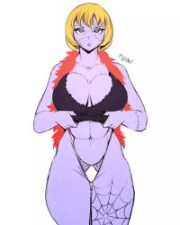 Rule 34 | 1girl, abs, bare shoulders, black dress, blonde hair, bob cut, breasts, dress, expressionless, female focus, grey eyes, highres, large breasts, looking at viewer, midriff, midriff peek, navel, one piece, ornament, panties, pouch, pulling, scar, scarf, short hair, solo, tattoo, thick thighs, thighs, underwear, victoria cindry, white panties, wide hips, zombie, zombie girl