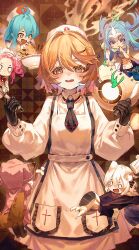 Rule 34 | + +, 5girls, @ @, absurdres, amehare hau, animal ear fluff, animal ears, ap04astral, apron, black dress, black gloves, black necktie, blonde hair, blue eyes, blue hair, blush, boned meat, bow, bowtie, cat ears, cat girl, commentary request, dress, fang, food, gloves, green eyes, hat, highres, holding, holding whisk, jitome, kitchen, long hair, long sleeves, meat, mixing bowl, multiple girls, necktie, nurse robot type t, open mouth, orange eyes, ouka miko, pink hair, red bow, red bowtie, sayo (voicevox), shikoku metan, short hair, short necktie, spill, voicevox, whisk, white hair, white hat