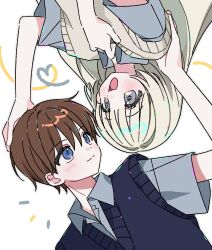 1boy 1girl :d blue_eyes blue_sweater_vest blush brown_hair closed_mouth collared_shirt green_hair green_sweater_vest grey_eyes grey_outline grey_shirt hand_on_another&#039;s_head hand_on_another&#039;s_shoulder hand_on_own_chest highres long_hair open_mouth original outline shirt short_hair short_sleeves simple_background smile sweater_vest very_short_hair white_background wing_collar yalmyu