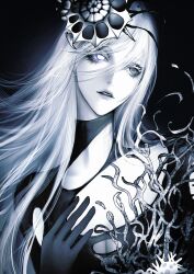 Rule 34 | 1girl, absurdres, black gloves, bodysuit, breasts, cleavage, collarbone, coral, expressionless, gloves, greyscale, hair ornament, hand on own chest, head tilt, heterochromia, highres, long hair, looking to the side, monochrome, parted lips, path to nowhere, pylgia (path to nowhere), solo, spot color, straight hair, torn bodysuit, torn clothes, yu zhezhe