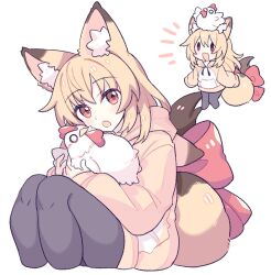 1girl :3 animal animal_ear_fluff animal_ear_hood animal_ears animal_on_head bird black_pantyhose blonde_hair bow chibi chibi_inset chicken cropped_legs cropped_torso fake_animal_ears fox_ears fox_girl fox_tail hair_between_eyes holding holding_animal hood hoodie long_hair notice_lines on_head open_mouth original pantyhose red_bow red_eyes simple_background sitting smile solo suzuno_(suzuno3110) tail tail_bow tail_ornament white_background yellow_hoodie