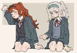 2girls alternate_costume arm_pillow arm_up black_hairband blazer blue_hairband blush closed_eyes collared_shirt cropped_legs feet_out_of_frame grey_background grey_eyes grey_jacket grey_skirt grey_vest hairband highres jacket looking_at_another matilda_bouanich miniskirt multiple_girls neck_ribbon nervous o3o one_side_up orange_hair outside_border red_ribbon reverse:1999 ribbon school_uniform shirt sitting skirt sonetto_(reverse:1999) sweatdrop sweater_vest two_side_up vest waistcoat white_shirt yang_miemie_benti