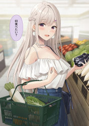 1girl :d azuki_yui bag blue_skirt blurry blush braid breasts cabbage check_commentary choker cleavage commentary commentary_request cowboy_shot daikon depth_of_field earrings eggplant food groceries hair_ornament hairclip half_updo holding indoors jewelry large_breasts long_hair looking_at_viewer medium_breasts milk_carton off-shoulder_shirt off_shoulder open_mouth original pendant plastic_wrap pom_pom_(cheerleading) potato purple_eyes radish shelf shirt shopping shopping_basket silver_hair skirt smile solo speech_bubble supermarket tomato translated vegetable