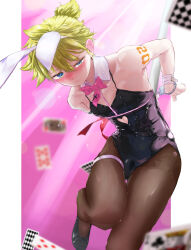 1boy absurdres animal_ear_hairband animal_ears bare_arms bare_shoulders black_leotard black_pantyhose black_shoes blue_eyes blush bow bowtie bulge card clothing_cutout commentary cosplay cuffs detached_collar fake_animal_ears hair_between_eyes hairband handcuffs hatsune_miku hatsune_miku_(cosplay) heart_cutout highres kagamine_len kubari leotard looking_at_viewer male_focus male_playboy_bunny nose_blush number_tattoo pantyhose pink_bow pink_bowtie playboy_bunny playing_card pole rabbit_ears rabbit_hole_(vocaloid) red_ribbon ribbon shoes shota shoulder_tattoo solo stripper_pole tattoo uneven_eyes vocaloid white_hairband