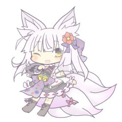 Rule 34 | 1girl, animal ears, chibi, emil chronicle online, flower, fox ears, fox girl, fox tail, frilled kimono, frilled sleeves, frills, hair flower, hair ornament, homurabi, japanese clothes, kimono, looking at viewer, one eye closed, open mouth, purple ribbon, ribbon, tail, tamamo lore, white background, white hair, yellow eyes