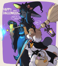 2girls animal_ears black_hair broom brown_hair candy dog_ears dog_girl dog_tail english_text food furry furry_female greyscale halloween halloween_costume happy_halloween hat highres holding holding_broom inukoro_(kikurage) kikurage_(crayon_arts) lantern long_hair magic medium_hair monochrome multicolored_hair multiple_girls original pawpads purple_background simple_background tail wand witch witch_hat