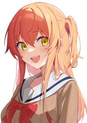 1girl blush bocchi_the_rock! bow bowtie breasts brown_shirt collarbone commentary_request double-parted_bangs eiightman hair_between_eyes happy highres kita_ikuyo large_breasts long_bangs long_hair long_sidelocks one_side_up open_mouth red_bow red_bowtie red_hair sailor_collar sailor_shirt school_uniform shirt shuka_high_school_uniform sidelocks simple_background smile solo teeth upper_body upper_teeth_only white_background white_sailor_collar yellow_eyes
