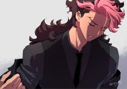 1boy black_jacket black_necktie black_vest brown_hair closed_eyes collared_shirt formal_clothes grey_background grey_shirt guel_jeturk gundam gundam_suisei_no_majo highres jacket kikigakkg long_hair male_focus mole mole_under_eye mullet multicolored_hair necktie pink_hair removing_jacket shirt solo twitter_username two-tone_hair upper_body vest waistcoat