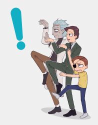 ! 3boys absurdres brown_hair coat doofus_jerry evil_morty evil_rick eyepatch father_and_son formal_clothes grandfather_and_grandson height_difference highres jerry_smith lab_coat male_focus messy_hair morty_smith multiple_boys necktie one_eye_covered onion_lin parody rick_and_morty rick_sanchez shirt short_hair simple_background spiked_hair standing standing_on_one_leg unibrow white_coat white_hair yellow_shirt yotsubato!_pose
