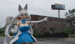 1girl animal_ears billboard blue_dress blue_eyes bow bowtie dress elbow_gloves fox_ears fox_girl fox_tail gloves indie_virtual_youtuber merchandise moonshine_animations photo_(medium) tail virtual_youtuber white_gloves white_hair