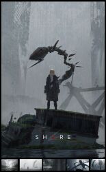 1girl absurdres arms_at_sides asteroid_ill black_coat black_pants blonde_hair building closed_mouth coat fog hair_between_eyes halo highres iris_(asteroid_ill) lily_pad long_hair long_sleeves moss open_clothes open_coat original overgrown pants post-apocalypse red_eyes rubble ruins sidelocks skyscraper smile solo steel_beam straight_hair water