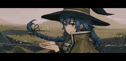 Rule 34 | 1girl, absurdres, blue eyes, blue hair, braid, brown cloak, cloak, closed mouth, commentary request, commission, crossed bangs, hands up, hat, highres, horizon, komegu 619, large hat, letterboxed, long braid, long hair, mixed-language commentary, mushoku tensei, outdoors, palms, river, roxy migurdia, second-party source, solo, twin braids, witch hat
