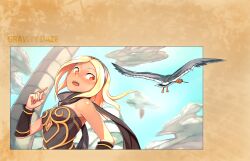 1girl bird blonde_hair cloud dark-skinned_female dark_skin gravity_daze highres itadaku kitten_(gravity_daze) leotard long_hair open_mouth pillar red_eyes scarf seagull skewer sky solo vambraces
