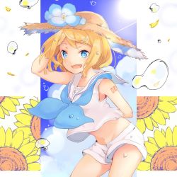 Rule 34 | 1girl, :d, alternate color, arched back, arm behind back, arm behind head, arm tattoo, armpits, ascot, bad id, bad twitter id, blonde hair, blue ascot, blue eyes, blue flower, bubble, crop top, female focus, flower, hair ornament, hairclip, hand on own head, hand on own headwear, hat, hibiscus, holding, holding unworn clothes, holding unworn hat, kagamine rin, leaning forward, lens flare, looking at viewer, loose clothes, midriff, navel, number tattoo, open mouth, oyamada (pi0v0jg), sailor collar, shirt, short hair, shorts, sleeveless, sleeveless shirt, smile, solo, straw hat, summer, sun, sun hat, sunflower, tattoo, treble clef, unworn hat, unworn headwear, vocaloid, water drop