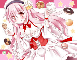 Rule 34 | 1girl, :t, blush, bow, bowtie, breasts, candy, checkerboard cookie, cleavage, closed mouth, commentary request, cookie, corset, cowboy shot, detached sleeves, donut, dress, eating, flower, food, frilled dress, frilled sleeves, frills, hachimi, hat, hat flower, konpeitou, large breasts, long hair, looking at viewer, macaron, official alternate costume, pink background, ragnarok online, red bow, red bowtie, red corset, sleeveless, sleeveless dress, smile, solo, star (symbol), tam (ragnarok online), wanderer (ragnarok online), white background, white dress, white flower, white hat, white sleeves, wide sleeves