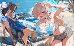 2girls ;d absurdres alternate_costume armpits ass asuna_(blue_archive) bare_arms bare_legs beach bikini bikini_top_only black_hair blue_archive blue_eyes blue_halo blue_nails blue_scrunchie blue_sky blush breasts brown_hair car commentary_request dark-skinned_female dark_skin denim denim_shorts dolphin_shorts grey_shorts hair_over_one_eye halo highres holding holding_hose hose jewelry karin_(blue_archive) large_breasts leaning_forward long_hair looking_at_viewer looking_to_the_side mole mole_on_breast motor_vehicle multiple_girls navel necklace one_eye_closed open_mouth outdoors palm_tree ponytail purple_halo revision sand scrunchie see-through_clothes see-through_shirt shirt short_shorts shorts side_ponytail sideboob sky smile strap_gap swimsuit td_(tandeom97) thighs tree very_long_hair washing_vehicle water wet wet_clothes wrist_scrunchie