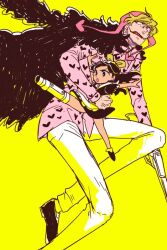 Rule 34 | 1boy, 1girl, 4444 (tetsuya), aged down, arms up, baby 5, black cape, black hair, blonde hair, cape, carrying, carrying person, donquixote rocinante, dress, feather cape, heart, heart print, hood, long hair, looking ahead, looking to the side, one piece, pants, simple background, white pants, yellow background