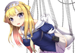 1girl blonde_hair blue_eyes blue_shirt bound breasts cargo_net cleavage commentary dated double_bun english_commentary female_focus fletcher_(kancolle) full_body gloves hair_bun hairband highres kantai_collection long_hair medium_breasts neckerchief net off_shoulder pleated_skirt restrained sailor_collar school_uniform serafuku sheita shirt signature simple_background skirt solo thighhighs white_background white_gloves white_sailor_collar white_skirt white_thighhighs yellow_neckerchief