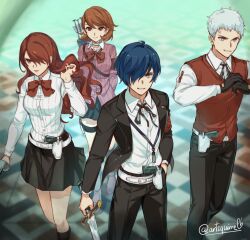 Rule 34 | 2boys, 2girls, armband, arms behind back, arrow (projectile), belt, black footwear, black gloves, black jacket, black pants, black ribbon, black skirt, blue hair, bow, bowtie, breasts, brown eyes, brown hair, cardigan, choker, closed mouth, collared shirt, evoker, feet out of frame, gekkoukan high school uniform, gloves, grey eyes, grey hair, hair over one eye, hand in pocket, hand up, highres, holding, holding sword, holding weapon, jacket, kirijou mitsuru, long hair, long sleeves, looking at viewer, loose bowtie, medium breasts, medium hair, miniskirt, multiple boys, multiple girls, neck ribbon, open clothes, open jacket, own hands together, pants, persona, persona 3, pink cardigan, red armband, red bow, red bowtie, red eyes, red hair, red sweater vest, ribbed cardigan, ribbon, s.e.e.s, sanada akihiko, school uniform, shirt, short hair, shoulder belt, skirt, smile, smug, soc nau, sweater vest, sword, takeba yukari, thigh strap, twitter username, weapon, white choker, white shirt, yuuki makoto (persona 3)