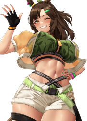 Rule 34 | 1girl, absurdres, animal ears, arm up, belt, bikini, black gloves, bracelet, breasts, brown hair, commentary, cowboy shot, cropped jacket, diagonal bangs, ear ornament, ear piercing, fingerless gloves, freckles, gloves, green belt, green bikini, green eyes, green nails, grin, hair ornament, hair ribbon, hairclip, hand on own hip, highres, horse ears, horse girl, horse tail, ines fujin (umamusume), jacket, jewelry, large breasts, looking at viewer, midriff, multi-strapped bikini bottom, multicolored nails, navel, official alternate costume, official alternate hairstyle, one eye closed, open clothes, open jacket, parted bangs, piercing, pink nails, ponytail, ribbon, short shorts, shorts, sidelocks, simple background, smile, solo, standing, stmoon, swimsuit, symbol-only commentary, tail, teeth, umamusume, white background, white shorts, yellow jacket, zipper