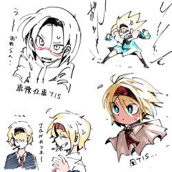 2girls alice_margatroid ascot blonde_hair blue_dress blue_eyes capelet cigarette closed_mouth commentary_request cookie_(touhou) dress glasses gomennetemple grin hair_between_eyes hair_over_eyes hairband highres jigen_(cookie) multiple_girls multiple_views red-framed_eyewear red_ascot red_hairband short_hair simple_background smile taisa_(cookie) touhou translation_request upper_body white_background white_capelet
