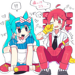 2girls aqua_eyes aqua_hair bite_mark drill_hair hatsune_miku highres kasane_teto kasane_teto_(utau) mesmerizer_(vocaloid) multiple_girls red_eyes red_hair sharp_teeth teeth tongue tongue_out twin_drills utau vocaloid wan_txt