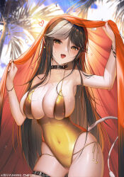 1girl :d absurdres animal_ears black_hair bracelet breasts brown_eyes collar covered_navel cow_ears cow_girl cow_tail cowboy_shot day gold_one-piece_swimsuit grey_hair highres jewelry large_breasts looking_at_viewer multicolored_hair one-piece_swimsuit open_mouth original outdoors palm_tree red_shawl shawl smile solo swimsuit tail tree two-tone_hair yuxing_yuhang