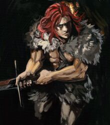 1boy abs barbarian black_background capelet closed_mouth commentary cowboy_shot fear_&amp;_hunger_(series) fear_&amp;_hunger_1 fur_capelet fur_skirt holding holding_sword holding_weapon male_focus medium_hair muscular muscular_male psognat ragnvaldr_(fear_&amp;_hunger) red_hair solo sword two-handed weapon