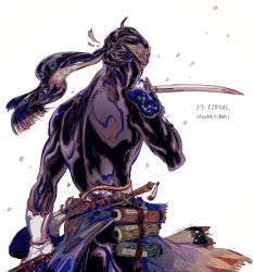 1boy amano_yoshitaka_(style) black_bodysuit bodysuit final_fantasy final_fantasy_vi highres holding holding_sword holding_weapon ninja ninjatou oju_(ouka) scroll_tube shadow_(ff6) short_sword single_shoulder_pad skin_tight square_enix sword weapon