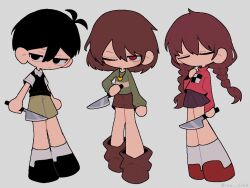 Rule 34 | 1boy, 1girl, 1other, ankle boots, antenna hair, arm at side, arms at sides, black eyes, black footwear, black hair, black sweater vest, bob cut, boots, brown footwear, brown hair, brown shorts, chara (undertale), closed eyes, closed mouth, commentary, crossover, double-parted bangs, empty eyes, english commentary, full body, green shorts, green sweater, grey background, hair behind ear, hair between eyes, hand on own chest, hand up, heart, heart necklace, holding, holding knife, jewelry, knife, long hair, long sleeves, looking at viewer, madotsuki, miniskirt, necklace, no mouth, no pupils, omori, one eye closed, pink sweater, purple skirt, red eyes, red footwear, shiba inu (j1piwzrj8xdzywk), shirt, short hair, short sleeves, shorts, simple background, skirt, socks, standing, striped clothes, striped sweater, sunny (omori), sweater, sweater vest, turtleneck, turtleneck sweater, u u, undertale, weapon connection, white shirt, white socks, yume nikki
