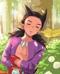 Rule 34 | 1boy, 1other, against tree, belt, brown hair, bush, cheek poking, closed eyes, commentary request, crossed arms, day, dragon quest, dragon quest builders 2, fence, gloves, hair horns, jewelry, kotone ranmaru, low ponytail, necklace, open clothes, open mouth, open shirt, orange pants, pants, pointy ears, poking, ponytail, purple shirt, red belt, red gloves, shirt, sidoh (dqb2), skull belt, sleeping, sleeping upright, solo focus, spiked hair, tooth necklace, tree, yellow gloves