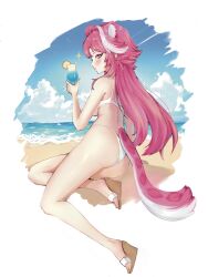 1girl animal_ears ass back bare_shoulders beach bikini blue_sky blush breasts brown_sandals chiiku_(00chiikapi) cloud cloudy_sky commentary cup day drink drinking_straw english_commentary extra_ears food fruit hair_intakes highres holding holding_cup hololive hololive_english large_breasts lemon lemon_slice looking_at_viewer median_furrow multicolored_hair ocean outdoors panther_ears panther_girl panther_tail pink_hair raora_panthera sand sandals sky solo streaked_hair swimsuit tail thighs two-tone_hair virtual_youtuber white_bikini yellow_eyes