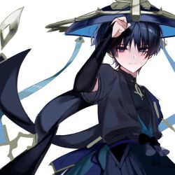 Rule 34 | 1boy, armor, belt, black belt, black bodysuit, black bow, black bridal gauntlets, black eyes, black hair, black hat, black kimono, black shorts, blue cape, blue hat, blue kimono, blunt ends, bodysuit, bow, bridal gauntlets, cape, clenched hand, closed mouth, dark persona, eyeliner, eyeshadow, furisode, genshin impact, gold, hand up, hat, highres, hip vent, japanese armor, japanese clothes, jingasa, juban, kimono, kote, kurokote, looking at viewer, makeup, male focus, mandarin collar, open clothes, open kimono, red eyeliner, red eyeshadow, scaramouche (genshin impact), shorts, sketch, solo, tassel, tsurime, two-sided fabric, two-sided headwear, wanderer (genshin impact), white background, wispy bangs, yu (geda4335)