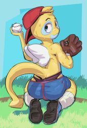 1boy apis backwards_hat baseball blonde_hair blue_eyes dunsparce furry gen_2_pokemon hat kneeling male_focus male_underwear monster_boy nintendo pokemon pokemon_(creature) shota solo sweat tail underwear wings
