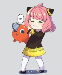 1girl absurdres animal anya&#039;s_heh_face_(meme) anya_(spy_x_family) artist_name black_dress chainsaw chainsaw_man child crossover dress eden_academy_school_uniform green_eyes hairpods highres holding holding_animal holding_weapon hybrid j_humbo long_sleeves looking_at_viewer meme pink_hair pochita_(chainsaw_man) school_uniform season_connection short_hair smirk smug spy_x_family weapon