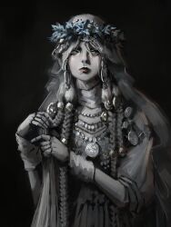 1girl absurdres asianfissureman black_background blue_eyes closed_mouth commentary doll_joints dress elden_ring elden_ring_nightreign english_commentary grey_dress grey_hair head_wreath highres jewelry joints lips long_hair red_lips revenant_(elden_ring) simple_background solo veil