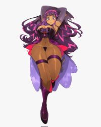 1girl andrewcockroach bodystocking boots bow breasts commentary commission corset dark_skin detached_sleeves english_commentary heart highres large_breasts long_hair multicolored_hair navel original purple_eyes purple_hair revealing_clothes signature skull streaked_hair thigh_strap very_long_hair