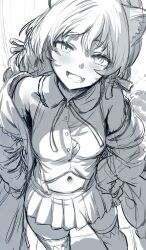 1girl :d blush commentary cowboy_shot english_commentary fang greyscale hands_on_own_hips hews highres komachi_panko long_hair looking_at_viewer monochrome navel neck_ribbon open_mouth phase_connect red_panda_ears red_panda_girl ribbon shirt short_eyebrows sketch smile solo thick_eyebrows thighhighs unfinished virtual_youtuber