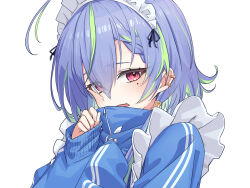 1girl absurdres blue_hair blue_jacket blush commentary_request green_hair hair_between_eyes highres jacket jersey_maid looking_at_viewer maid maid_headdress mole mole_under_eye multicolored_hair nanashi_inc. open_mouth ougimaneki pink_eyes short_hair simple_background smile solo suzumi_nemo two-tone_hair unconventional_maid upper_body variant_set virtual_youtuber white_background