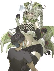 1boy 1girl absurdres arthropod_girl black_sclera bra breasts carapace chitin colored_sclera colored_skin crying extra_arms green_eyes green_wings headpat highres indie_virtual_youtuber insect_girl insect_wings juniper_(artist) juniper_actias licking licking_navel monster_girl moth_antennae moth_girl moth_wings neck_fur polka_dot polka_dot_bra ponytail short_shorts shorts simple_background streaming_tears sweat tears underwear virtual_youtuber white_skin wings