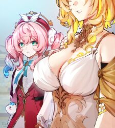 2girls aglaea_(honkai:_star_rail) bare_shoulders blonde_hair blue_hair blue_sky breast_tattoo breasts cleavage colored_tips commentary day derivative_work dress english_commentary foxyreine green_eyes hat highres honkai:_star_rail honkai_(series) hyacine_(honkai:_star_rail) large_breasts looking_at_another multicolored_hair multiple_girls outdoors parted_lips pink_dress pink_hair pink_hat short_hair sky tattoo twintails two-tone_hair white_dress yellow_pupils