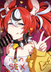 1boy 1girl :&gt;= absurdres animal_ears bar_censor black_hair blue_eyes breasts censored collar commentary_request covered_erect_nipples detached_sleeves dice_hair_ornament fellatio gozaru hair_between_eyes hair_ornament hakos_baelz hakos_baelz_(1st_costume) half-closed_eyes hand_up highres hololive hololive_english interracial long_hair looking_at_viewer medium_breasts mouse_ears mouse_girl multicolored_hair oral purple_background red_hair saliva shirt sleeves_past_wrists solo_focus spiked_collar spikes strapless strapless_shirt streaked_hair twintails upper_body virtual_youtuber w white_hair white_shirt
