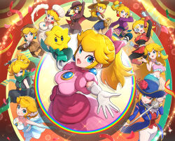 1girl absurdres ass blonde_hair blue_eyes blue_hat blue_jacket breasts brooch brown_hat chef_hat commentary_request cowgirl_peach dashing_thief_peach denim denim_shorts detective detective_peach dress earrings eye_mask figure_skater_peach flower gloves gonzarez green_scarf hand_on_own_chin hat hat_flower highres holding holding_sword holding_weapon jacket jewelry kunai kung_fu_peach large_breasts leggings mario_(series) mermaid_peach mighty_peach multiple_views ninja_peach nintendo official_alternate_costume pants patissiere_peach pink_dress pink_lips ponytail princess_peach princess_peach:_showtime! purple_dress rapier red_flower red_rose red_shirt rose scarf shirt short_shorts shorts stella_(peach) strapless strapless_dress sword swordfighter_peach weapon white_dress white_gloves white_hat white_pants