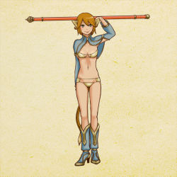 1girl alphabet animal_ears bad_id bad_pixiv_id bikini bikini_top_only blue_eyes brown_hair female_focus gender_request genderswap journey_to_the_west letter_pose midriff monkey_ears monkey_tail navel panties polearm short_hair solo staff sun_wukong swimsuit tail underwear weapon yuuhei