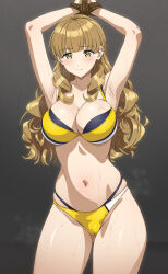 Rule 34 | 1girl, armpits, arms up, ayato utae, bikini, black background, blush, breasts, brown hair, cameltoe, cleavage, closed mouth, commission, dolphin wave, fuooooo, gradient background, highres, large breasts, long hair, looking at viewer, mole, mole under eye, navel, pixiv commission, restrained, rope, solo, standing, sweat, swimsuit, thighs, yellow bikini, yellow eyes
