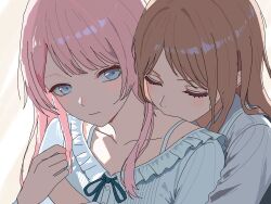 2girls bang_dream! bang_dream!_it&#039;s_mygo!!!!! blue_eyes brown_hair chihaya_anon chinese_commentary closed_eyes closed_mouth commentary_request hug hug_from_behind kiss kissing_neck long_hair multiple_girls nagasaki_soyo pink_hair white_background yuri zhangji318969