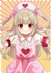 &gt;_&lt; 1girl apron armband bandaged_wrist bandages blush brown_hair center_frills closed_mouth collared_dress commentary_request dress frills hair_ornament hands_up hat highres long_hair looking_at_viewer natori_sana natori_sana_(nurse) nurse nurse_cap pink_apron pink_hat puffy_short_sleeves puffy_sleeves rabbit_hair_ornament red_eyes rino_cnc safety_pin sana_channel short_sleeves smile solo two_side_up very_long_hair virtual_youtuber white_dress